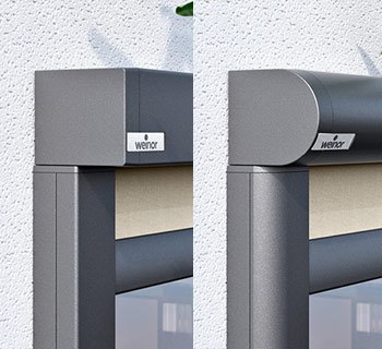 Detailansicht eines Markisenkastens in grau, links mit eckigem und rechts mit rundem Design.