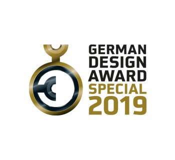 Logo des German Design Award Special 2019 in Schwarz und Gold mit kreisförmigem Element.
